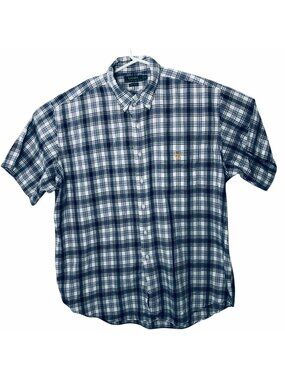Lauren Ralph Lauren Button Up Shirt Mens XL Short Sleeve Navy Blue Plaid Logo